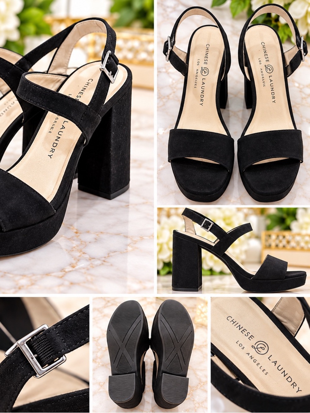 Chinese Laundry Black Suede Platform Block Heel Sandals